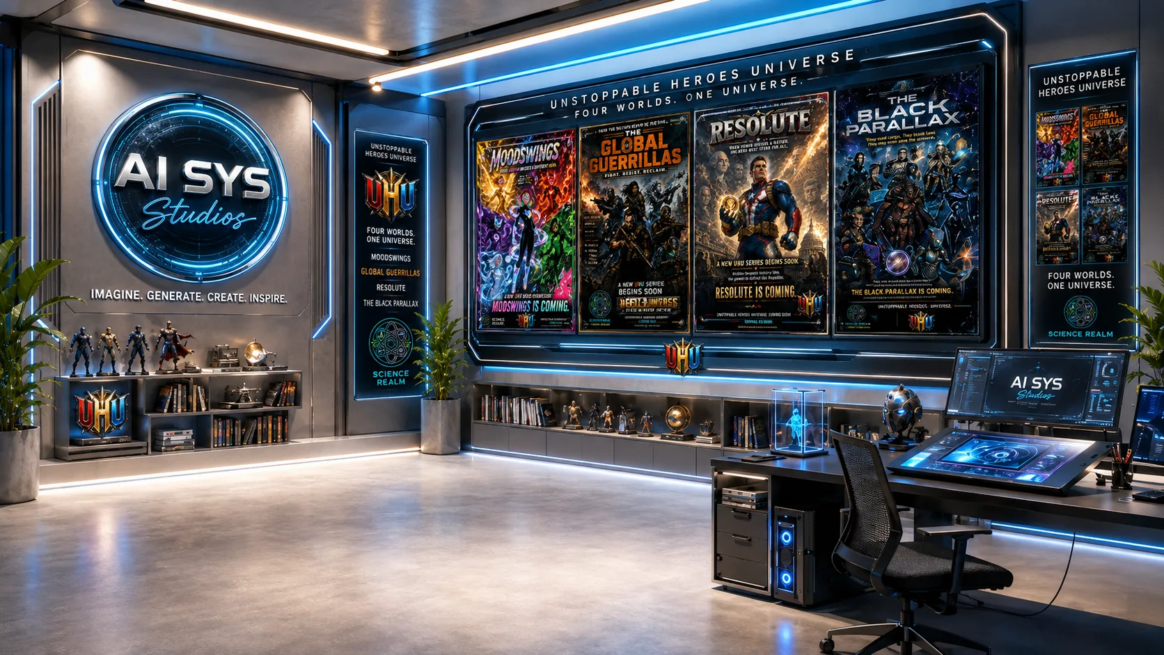 AI SYS virtual studio displaying original superhero world concepts