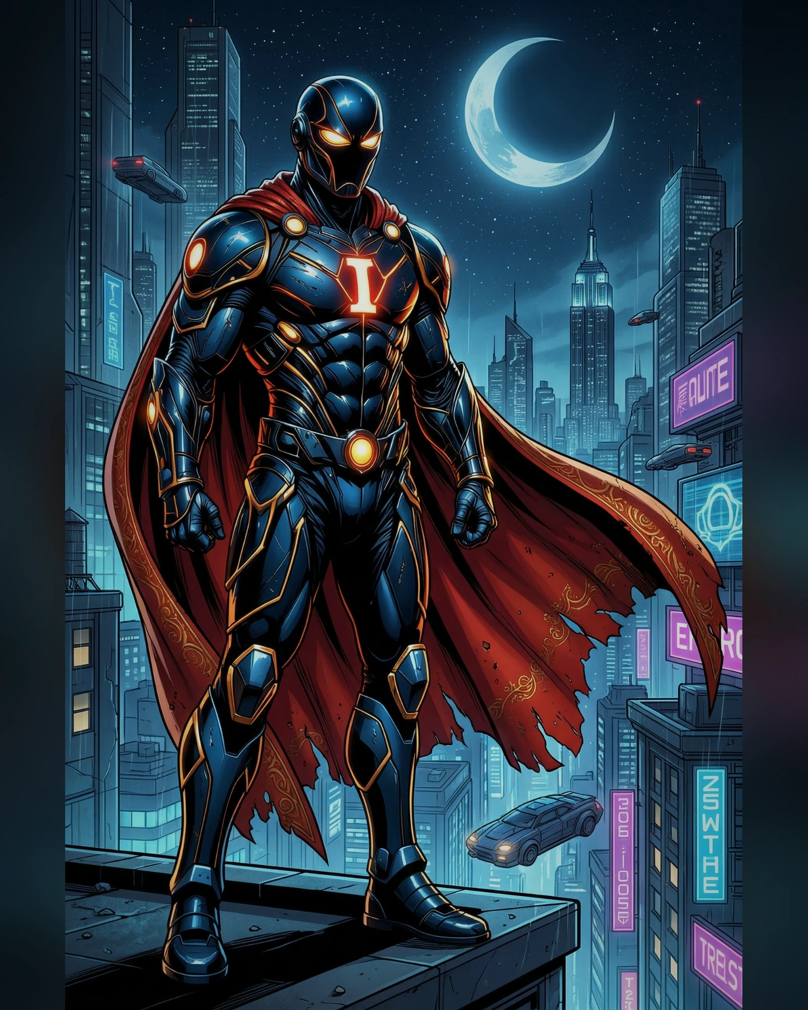 Invincer in navy and red armored costume standing above a futuristic illuminated city