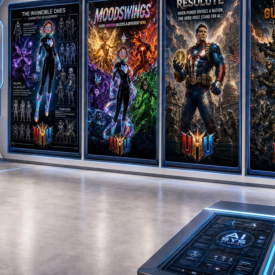 In-house conceptual character design presentation displayed in a virtual studio